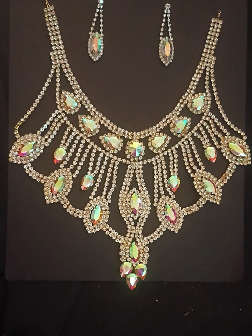 Crystal Statement Necklace and Earring Set - Iridescent Gold